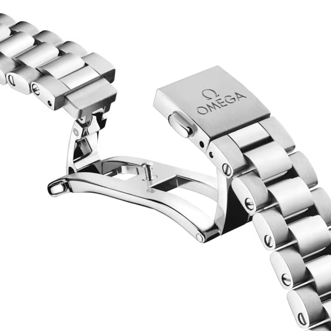 A silver OMEGA Seamaster Aqua Terra bracelet features a partially open deployment clasp with the OMEGA logo, highlighting its intricate design and polished metal links against a white background, embodying the precision of the Co-Axial Master Chronometer 41mm.