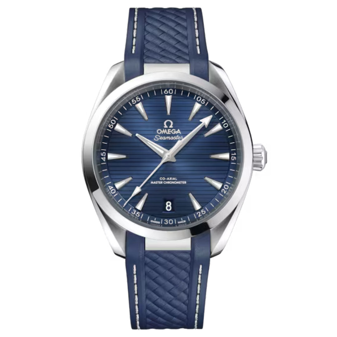 The OMEGA Seamaster Aqua Terra 150M Co-Axial Master Chronometer 41mm Watch features a blue dial, silver case, silver hour markers and hands, date at 6 o’clock, "OMEGA Seamaster" branding, and master chronometer precision.