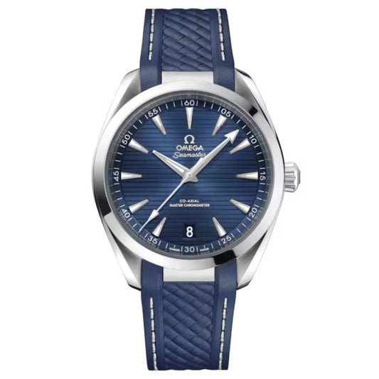 The OMEGA Seamaster Aqua Terra 150M Co-Axial Master Chronometer 41mm Watch features a blue dial, silver case, silver hour markers and hands, date at 6 o’clock, "OMEGA Seamaster" branding, and master chronometer precision.