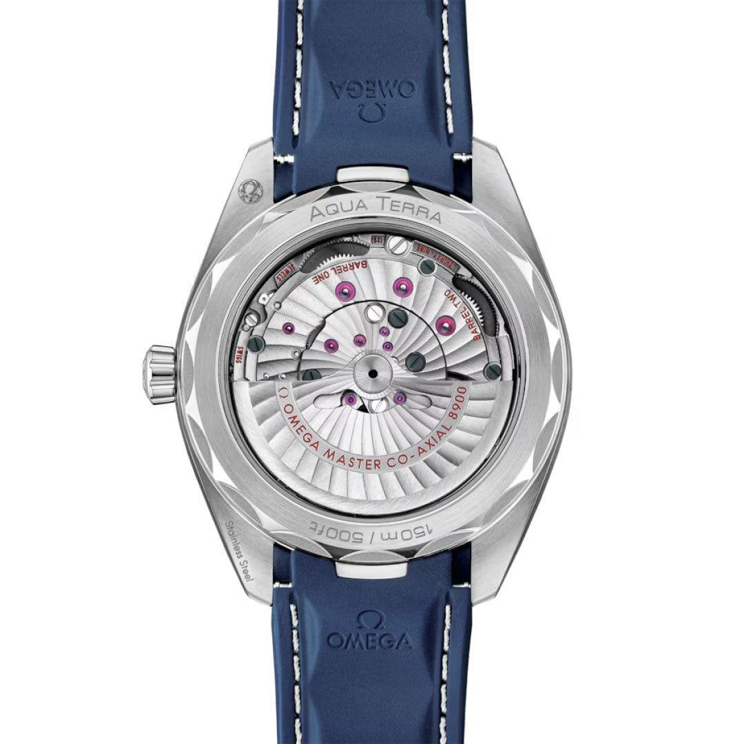 Close-up of the OMEGA Seamaster Aqua Terra 150M Co-Axial Master Chronometer 41mm, featuring a blue leather strap and showcasing its detailed movement and engravings through the transparent case back.