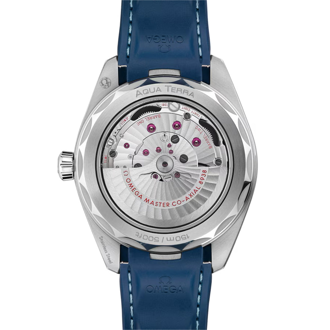 The image displays the back of a stainless steel OMEGA Seamaster Aqua Terra 150M Worldtimer Co-Axial Master Chronometer 43mm Watch with a clear case back, revealing intricate mechanisms and a blue strap. The text reads "Aqua Terra" and "Omega Master Co-Axial 8800," emphasizing its status as a Master Chronometer.