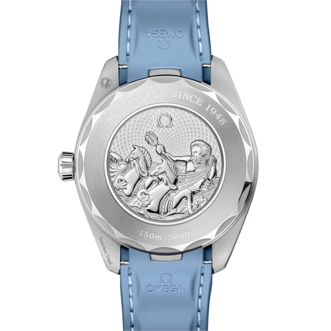 The back of the OMEGA Seamaster Aqua Terra 150M Worldtimer Summer Blue Edition displays Poseidon with a trident riding seahorses, engraved with "SEAMASTER SINCE 1948," "150m/500ft," and Master Chronometer status.