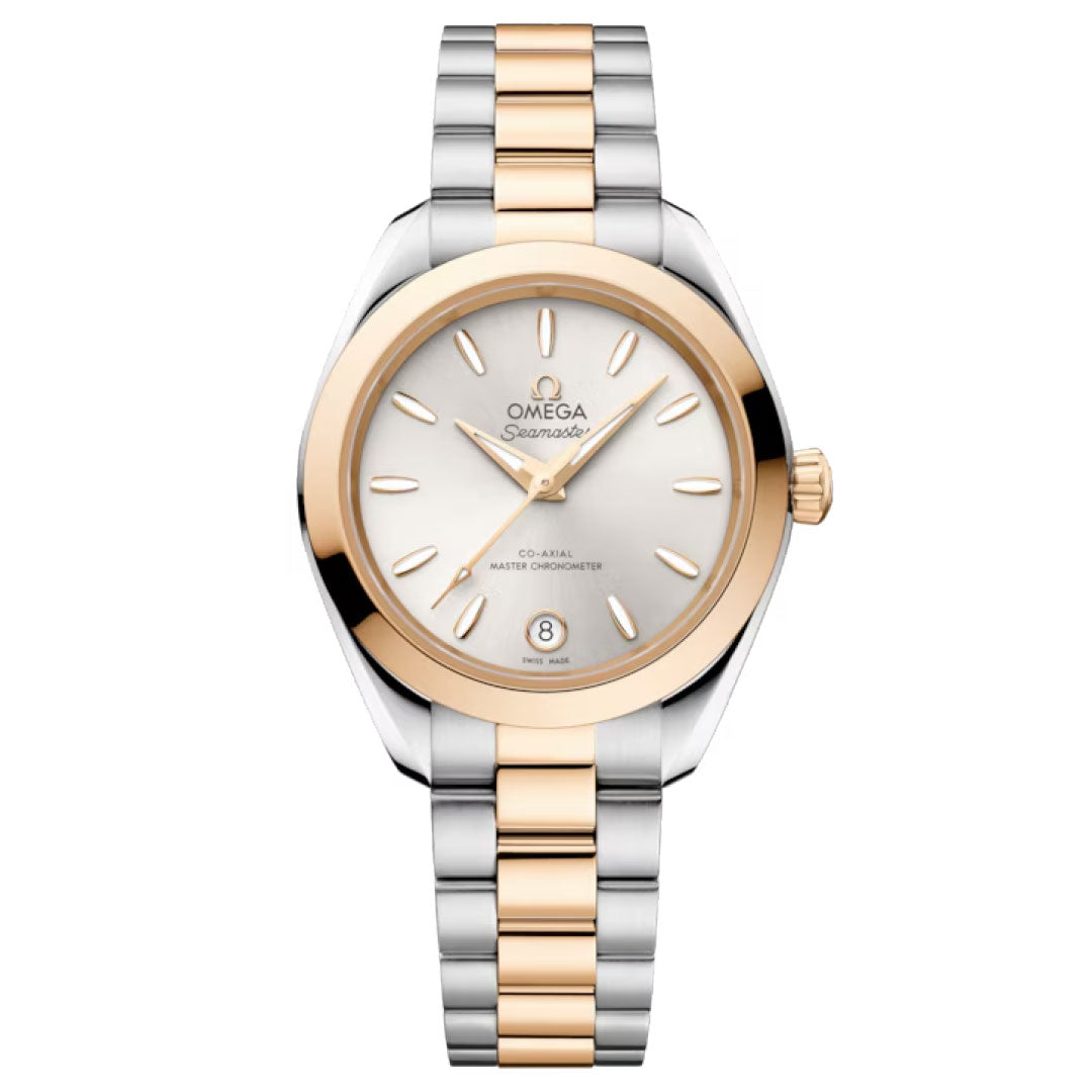 The OMEGA Seamaster Aqua Terra 150M Co-Axial Master Chronometer 30mm watch features a two-tone stainless steel and 18K Moonshine Gold bracelet, a silver dial with gold markers and hands, plus a date window at 6 o’clock.