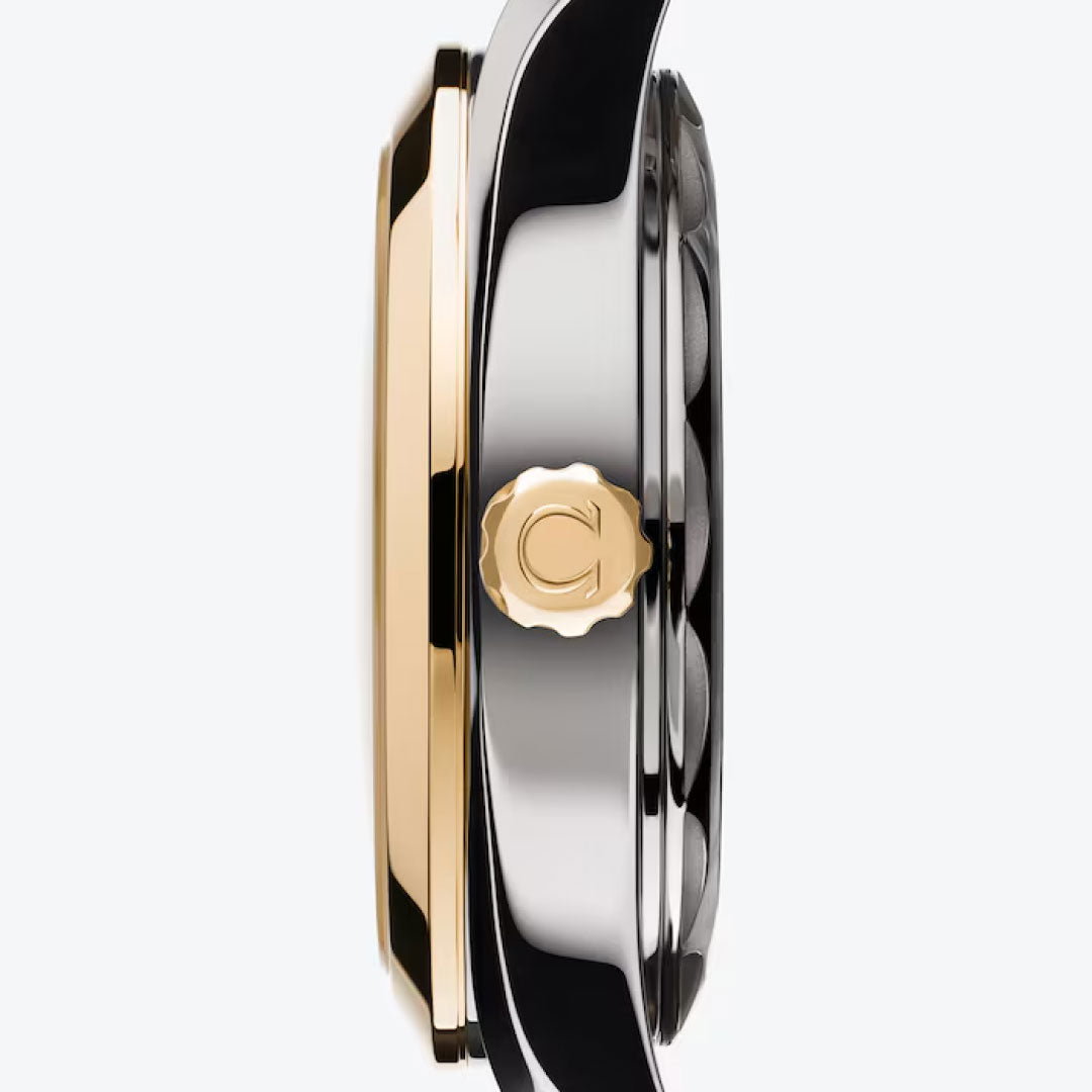 Side view of the OMEGA Seamaster Aqua Terra 150M Co-Axial Master Chronometer 30mm Watch, featuring an 18K Moonshine™ Gold crown engraved with "C", gold bezel, and silver-toned case, set against a plain light background.