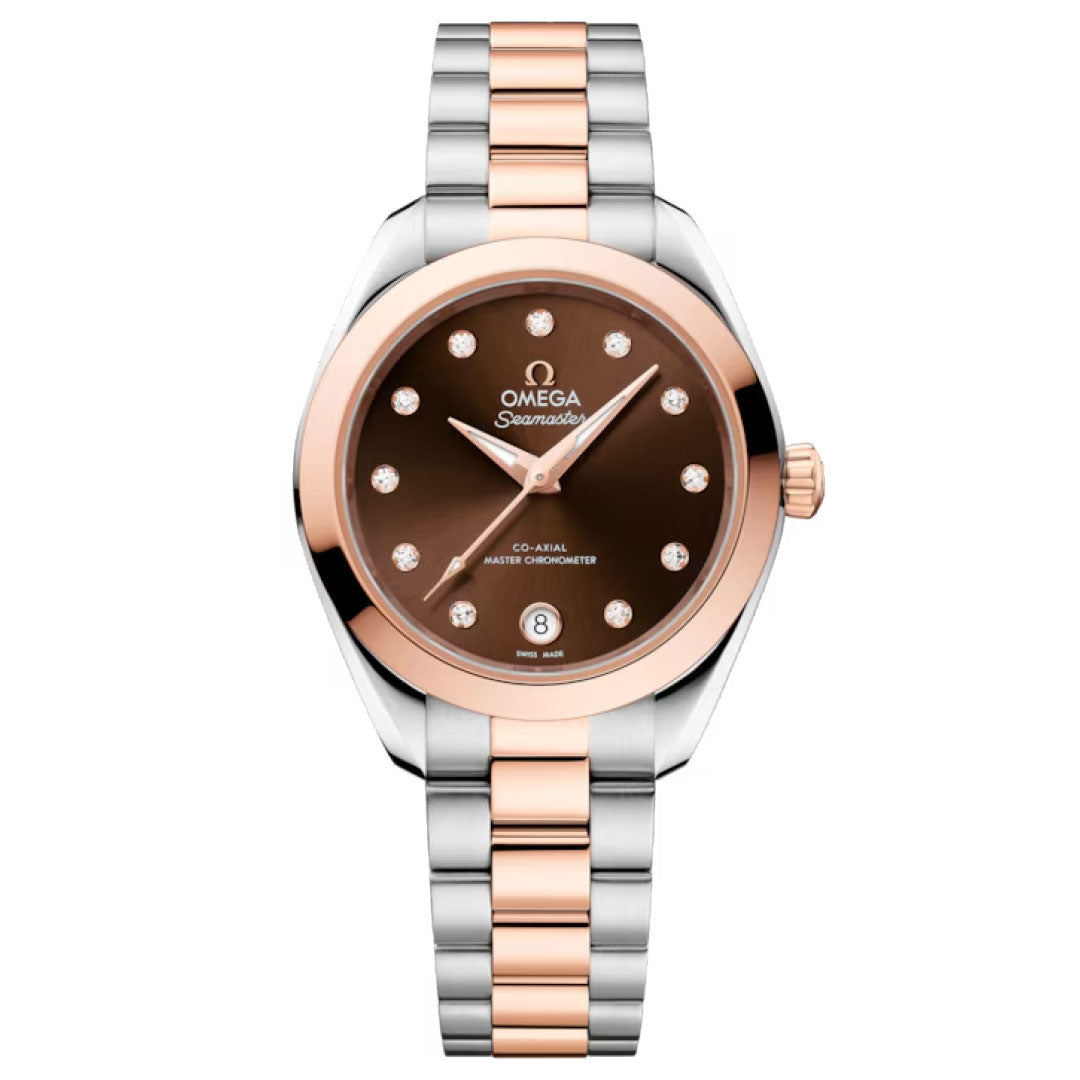 The OMEGA Seamaster Aqua Terra 150M Co-Axial Master Chronometer 30mm Watch features a two-tone silver and 18K Sedna Gold band, brown dial, diamond hour markers, and a date window at 6 o’clock.