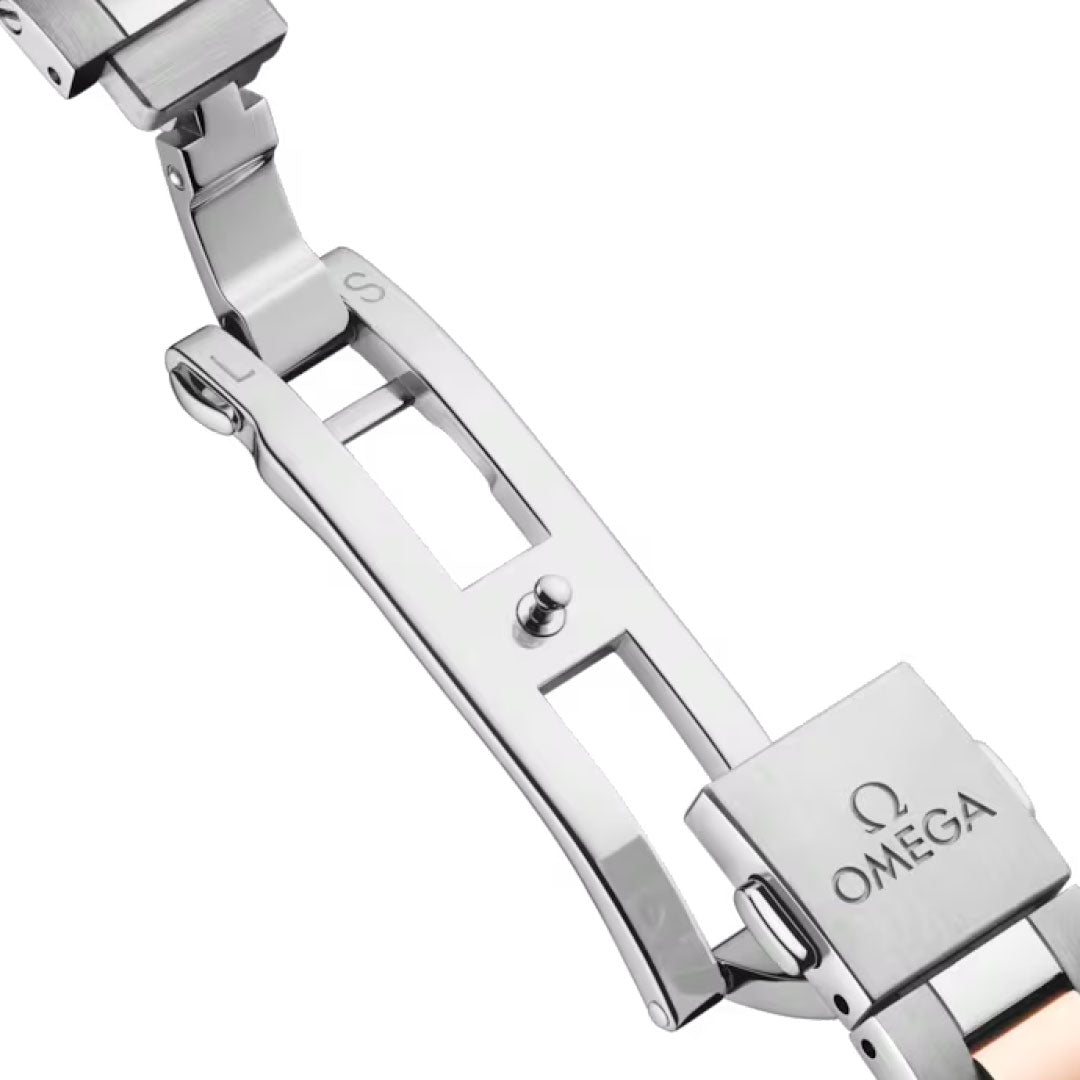 Close-up of a polished stainless steel clasp with the OMEGA logo engraved, showcasing the adjustable mechanism on the Seamaster Aqua Terra 150M Co-Axial Master Chronometer 30mm Watch.