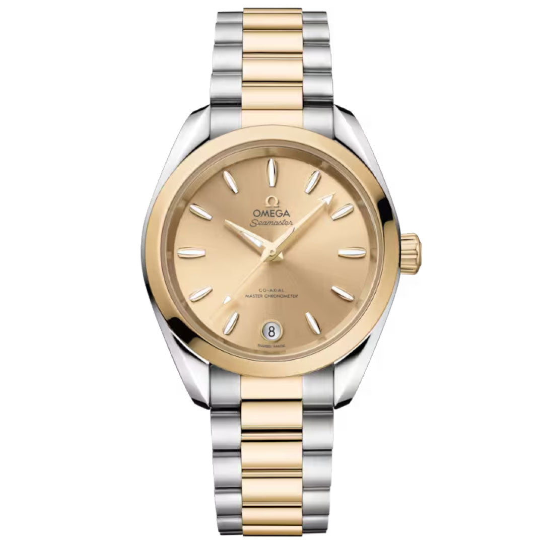 The OMEGA Seamaster Aqua Terra Shades Co-Axial Master Chronometer 34mm Watch features a gold dial, gold hour markers and hands, date window at 6 o’clock, and a bracelet with alternating Moonshine™ Gold and silver links.