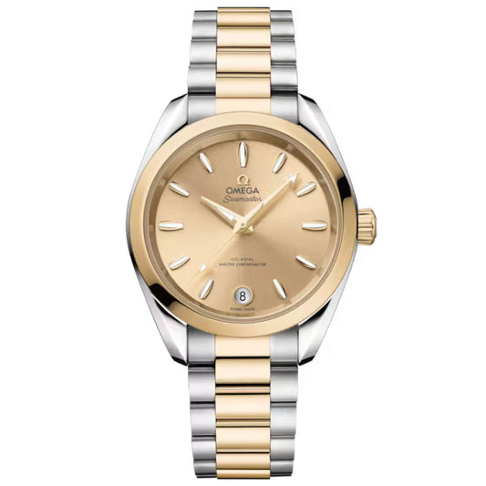 The OMEGA Seamaster Aqua Terra Shades Co-Axial Master Chronometer 34mm Watch features a gold dial, gold hour markers and hands, date window at 6 o’clock, and a bracelet with alternating Moonshine™ Gold and silver links.