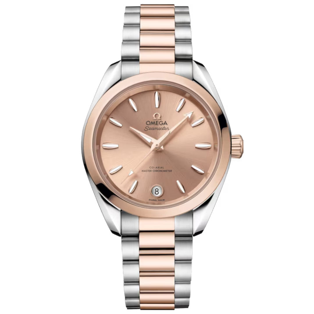 The OMEGA Seamaster Aqua Terra Shades Co-Axial Master Chronometer 34mm Watch features a rose gold dial in 18K Sedna™ Gold, date window at 6 o’clock, and a two-tone silver and rose gold bracelet, shown against a white background.