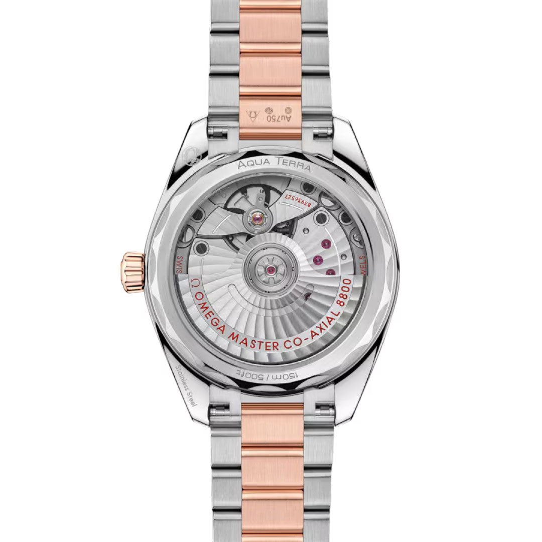 The OMEGA Seamaster Aqua Terra Shades Co-Axial Master Chronometer 34mm watch features a transparent case-back revealing its movement and 18K Sedna™ Gold, set in a two-tone silver and rose gold bracelet with "AQUA TERRA" and technical details engraved.
