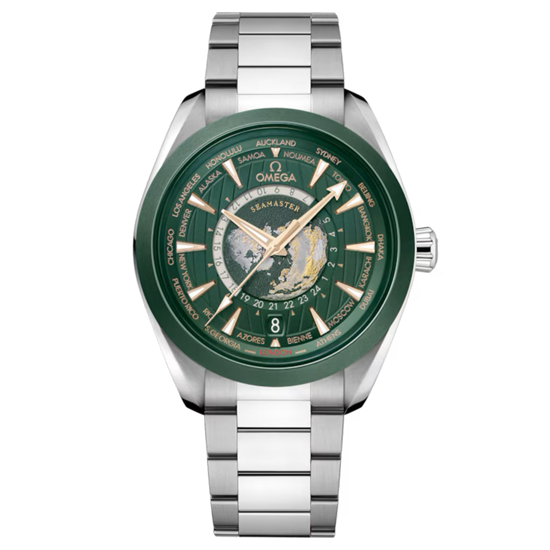 The OMEGA Seamaster Aqua Terra 150M Worldtimer Co-Axial Master Chronometer 43mm Watch features a stainless steel band, green dial, world city names around the face, a central map, a date window at the bottom, and a prominent brand logo at the top.