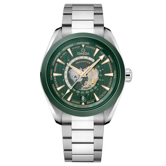 The OMEGA Seamaster Aqua Terra 150M Worldtimer Co-Axial Master Chronometer 43mm Watch features a stainless steel band, green dial, world city names around the face, a central map, a date window at the bottom, and a prominent brand logo at the top.