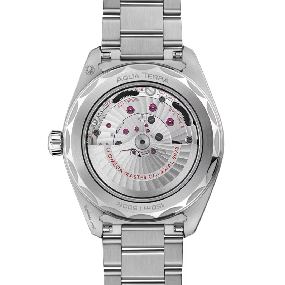 Close-up of the OMEGA Seamaster Aqua Terra 150M Worldtimer, showing its exposed mechanical movement with inscriptions "Aqua Terra," "150m/500ft," and "Omega Master Co-Axial 8900." The stainless steel bracelet adds elegance, revealing intricate craftsmanship.