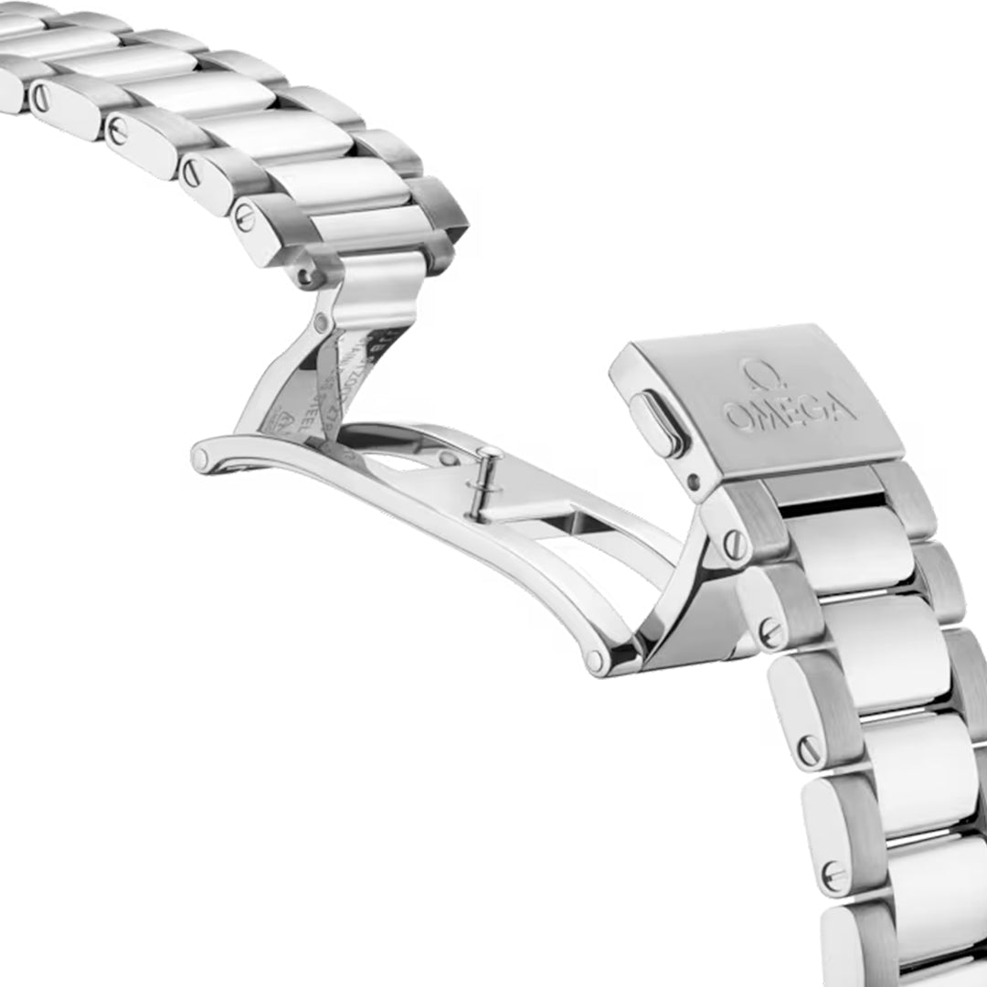 A stainless steel bracelet of the OMEGA Seamaster Aqua Terra 150M Worldtimer Co-Axial Master Chronometer 43mm Watch is shown up close with its folding clasp partly open, revealing detailed links and the Omega logo, elegantly resting on a plain white background.
