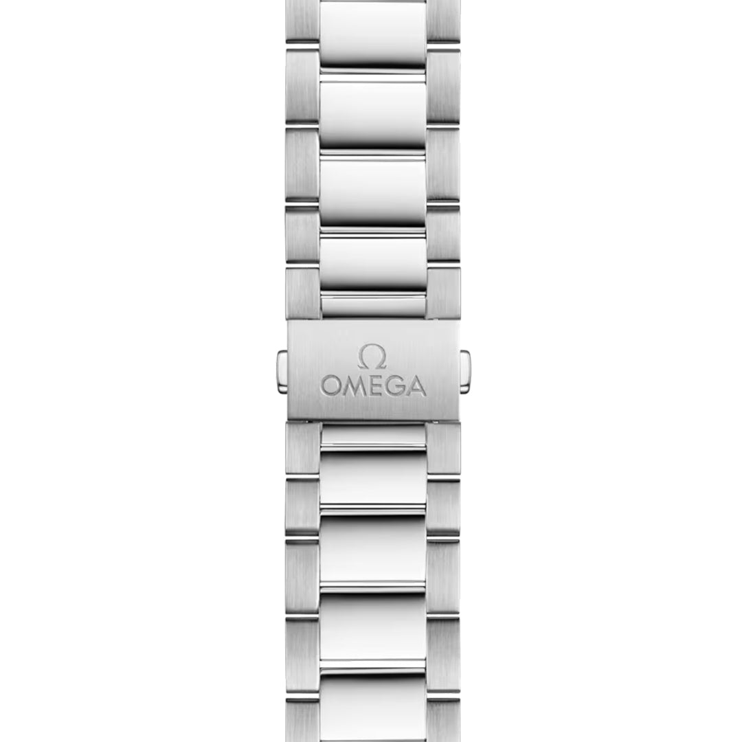 The OMEGA Seamaster Aqua Terra 150M Worldtimer Co-Axial Master Chronometer 43mm watch features a stainless steel bracelet with brushed metal finish, displaying the Omega logo on its clasp and solid rectangular links, creating a polished, timeless design.