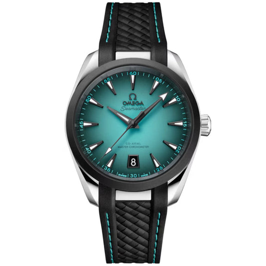 The OMEGA Seamaster Aqua Terra 150M Co-Axial Master Chronometer 38mm Watch features a turquoise dial, silver hour markers, black bezel, and black strap with turquoise stitching, plus a date window at 6 o'clock.