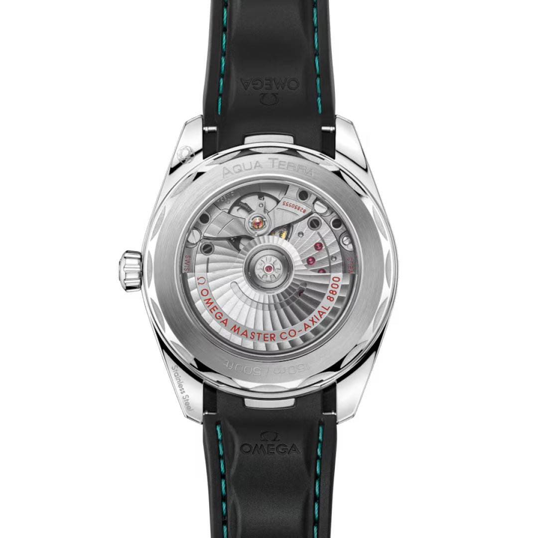 The OMEGA Seamaster Aqua Terra 150M Co-Axial Master Chronometer 38mm features an exposed mechanical movement, engraved silver rotor, and a black rubber strap with blue stitching in a polished stainless steel case.