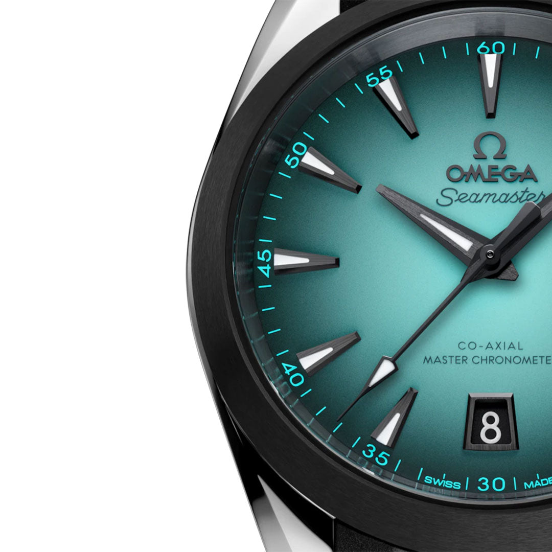 A close-up of the OMEGA Seamaster Aqua Terra 150M Co-Axial Master Chronometer 38mm watch, highlighting the refined stainless steel details of this elegant timepiece by OMEGA.