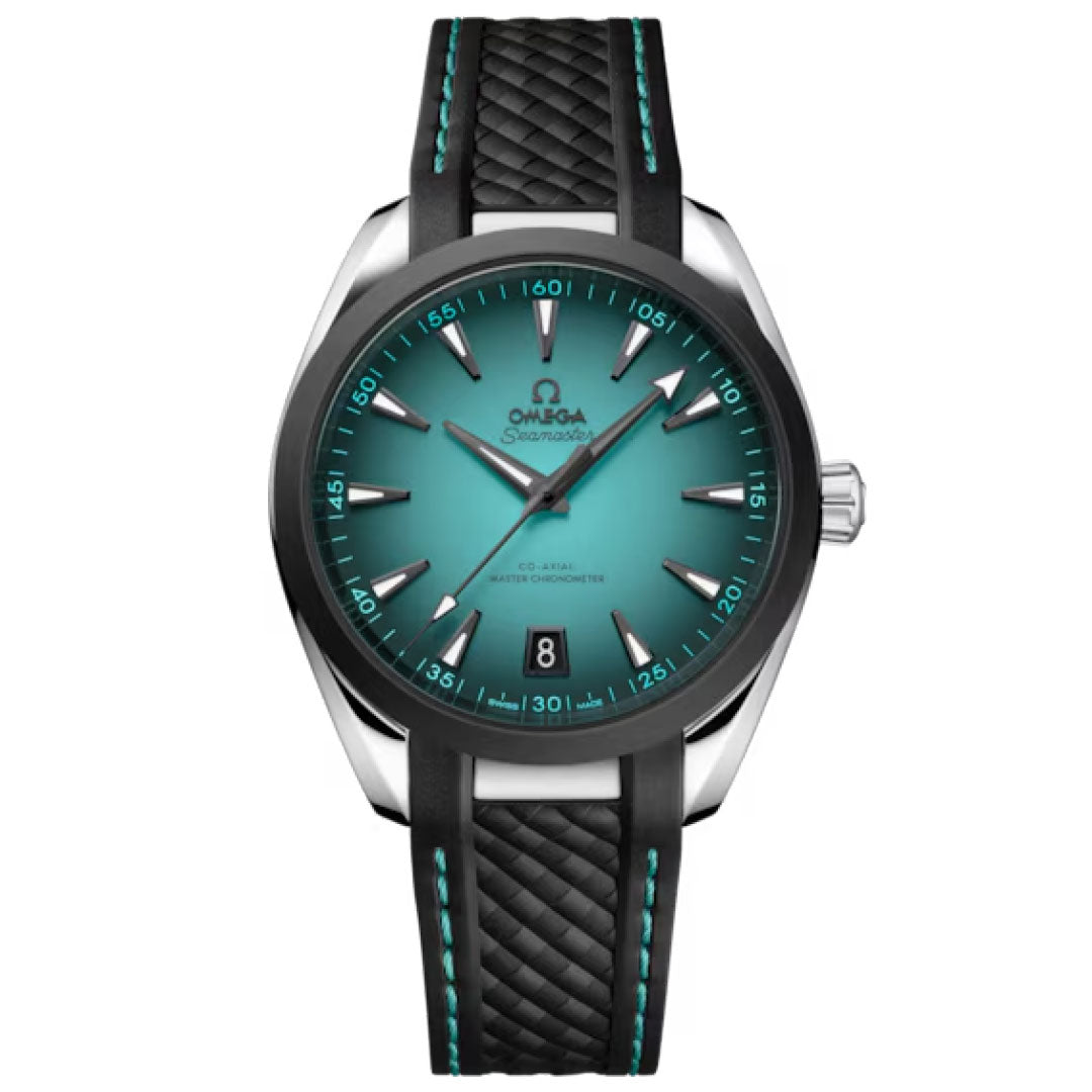 The OMEGA Seamaster Aqua Terra 150M Co-Axial Master Chronometer 41mm Watch features a teal dial, silver hour markers, black bezel, black and teal textured strap, and a date display at 6 o’clock.