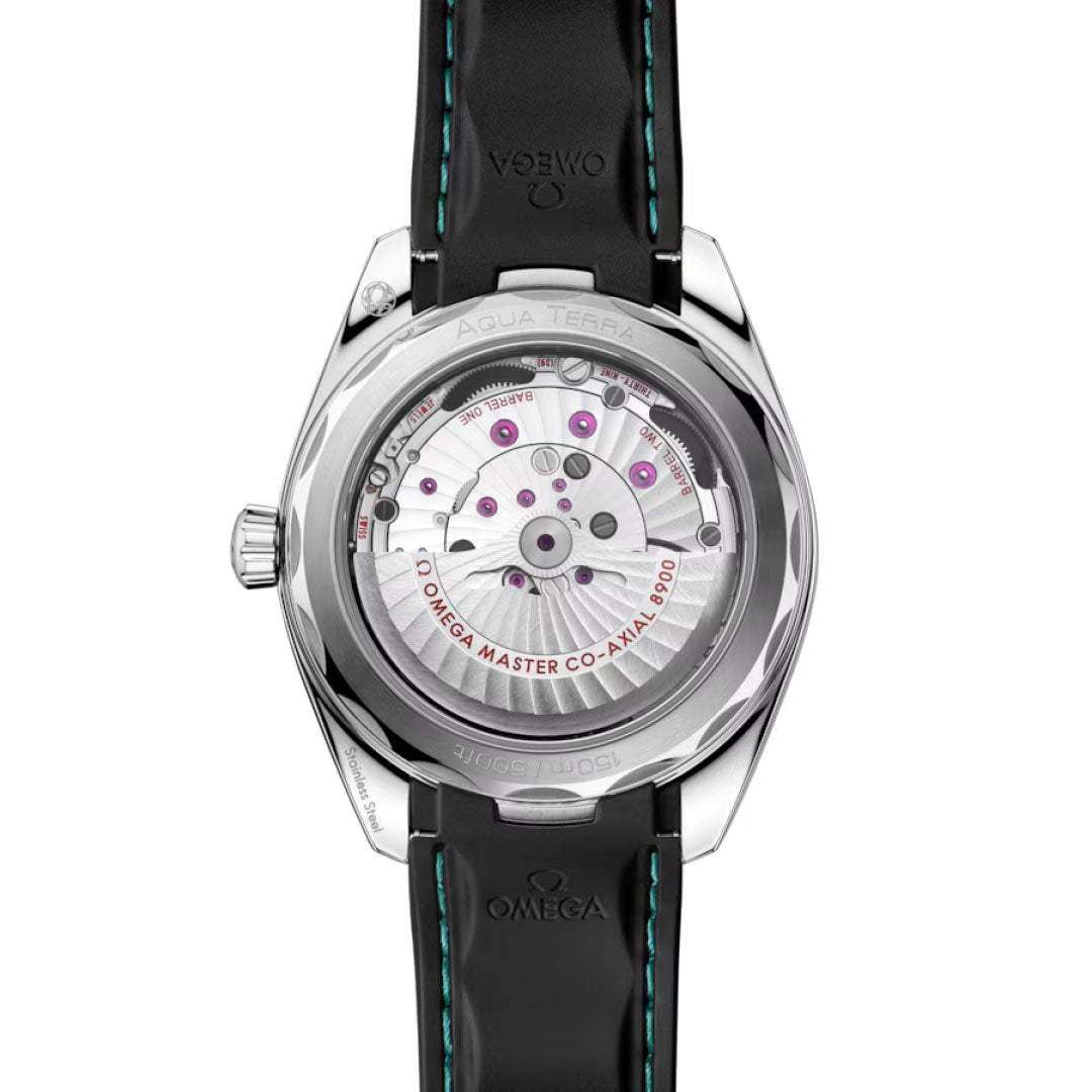The OMEGA Seamaster Aqua Terra 150M Co-Axial Master Chronometer 41mm Watch features a transparent caseback revealing the Master Chronometer 8900 movement with red accents, paired with a black leather strap and blue stitching.