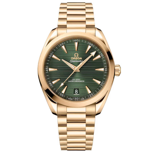 The OMEGA Seamaster Aqua Terra 150M Co-Axial Master Chronometer 41mm Watch features a green textured dial, 18K Moonshine gold hour markers and hands, date at 6 o’clock, and a matching gold link bracelet.