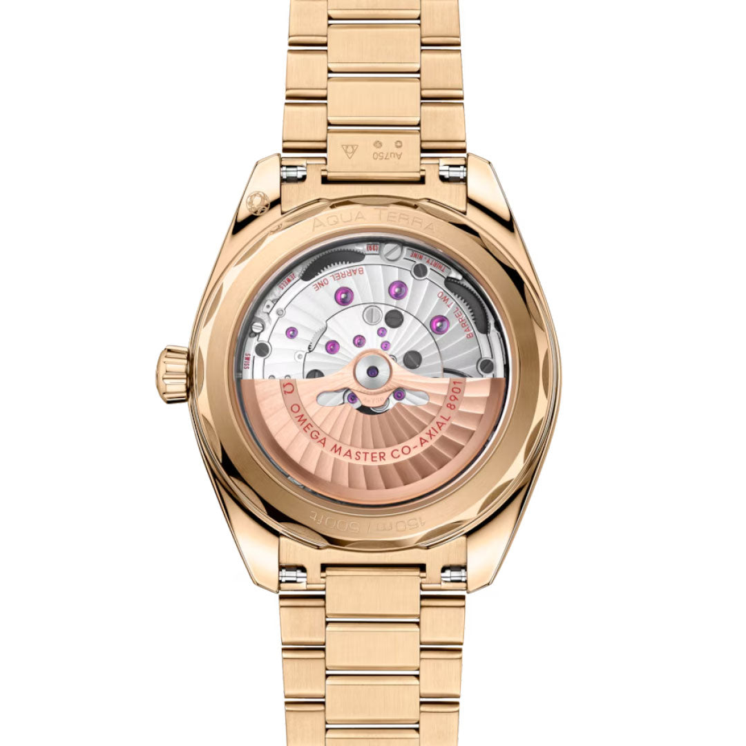 Close-up of the back of the OMEGA Seamaster Aqua Terra 150M Co-Axial Master Chronometer 41mm, revealing its detailed mechanical movement through a transparent case back, with visible gears and a pink-toned rotor.