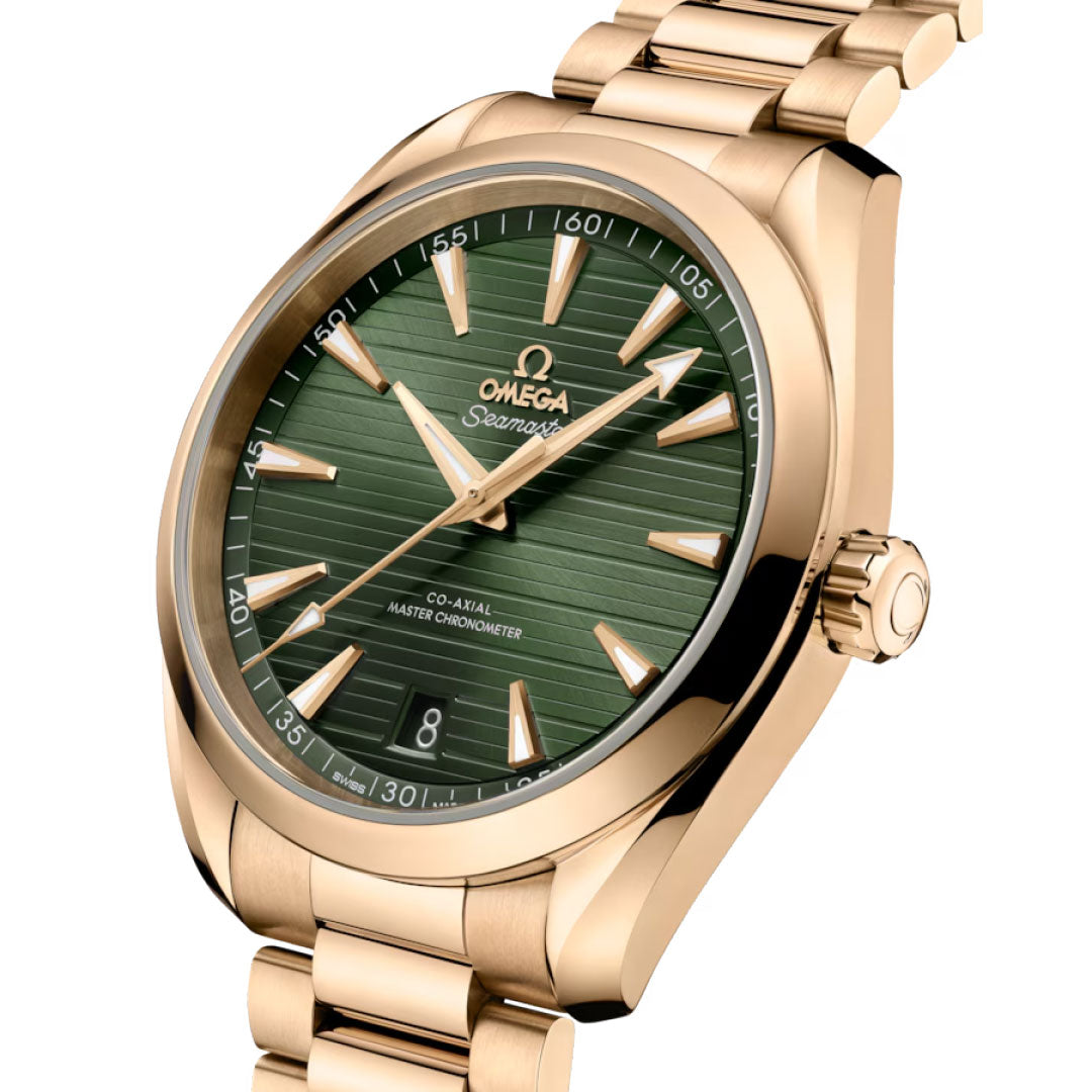 The OMEGA Seamaster Aqua Terra 150M Co-Axial Master Chronometer 41mm watch features a green textured dial, 18K Moonshine™ gold markers and hands, a date window at 6 o’clock, and a matching gold bracelet.