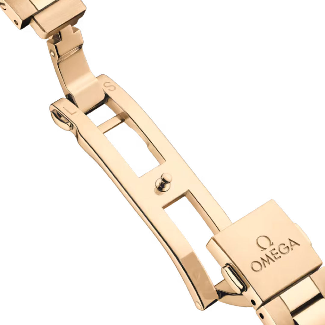 A close-up of the OMEGA Seamaster Aqua Terra 150M Co-Axial Master Chronometer 41mm watch clasp highlights the OMEGA logo, detailed folding mechanism with labeled parts, and a polished finish.