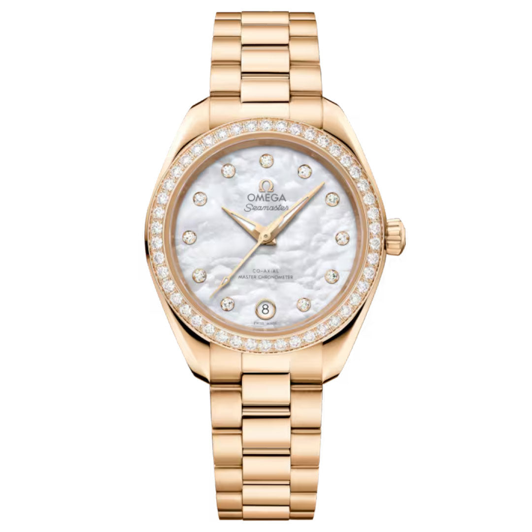 The OMEGA Seamaster Aqua Terra 150M Co-Axial Master Chronometer 30mm Watch in Moonshine gold features a mother-of-pearl dial with diamond hour markers, diamond bezel, date at 6 o’clock, and a matching gold bracelet.