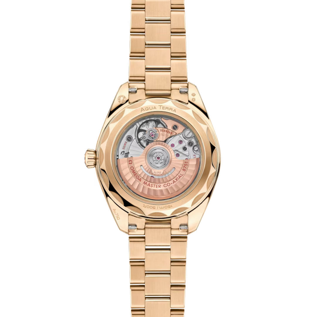 The OMEGA Seamaster Aqua Terra 150M Co-Axial Master Chronometer 30mm watch features a rose gold case, transparent back revealing its movement, and a polished bracelet for elegant sophistication.