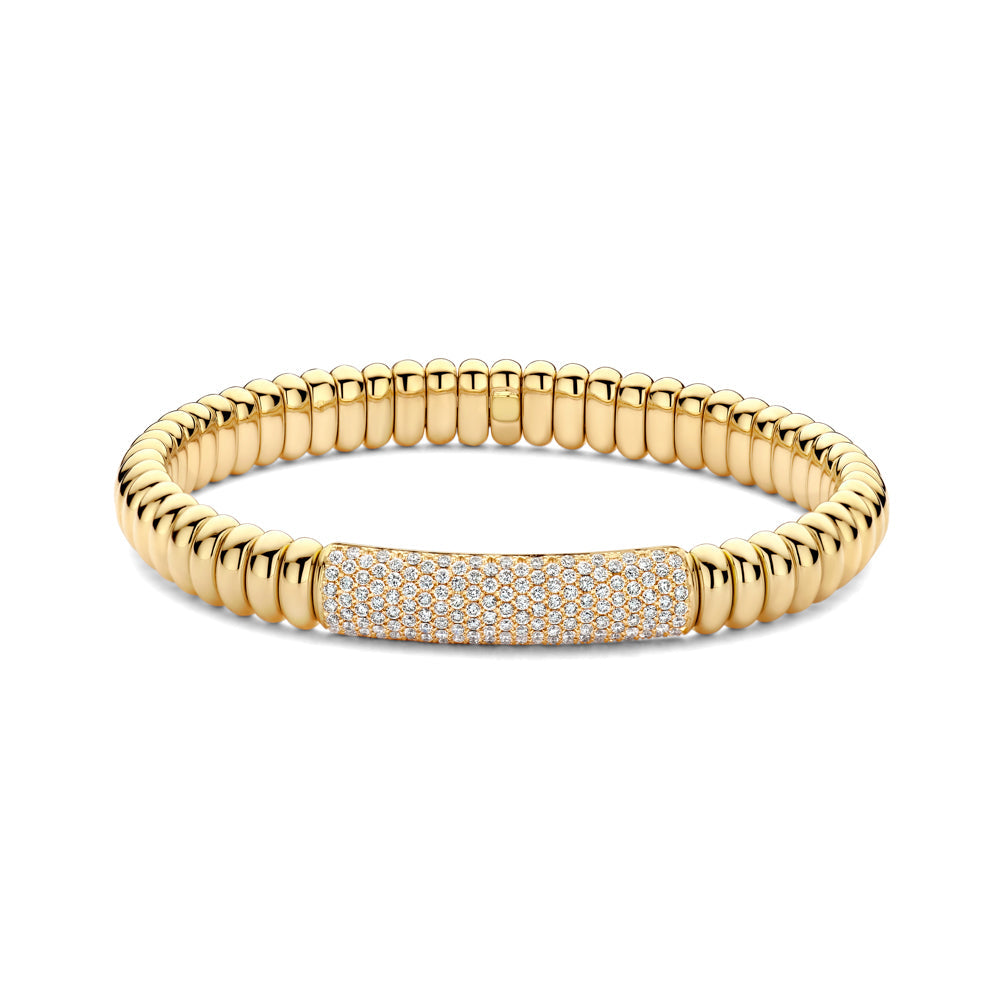 The Hulchi Belluni 18K Yellow Gold Diamond Bracelet features a ribbed gold design and a central rectangular section set with 1.10 CTW round brilliant diamonds, displayed on a plain white background.