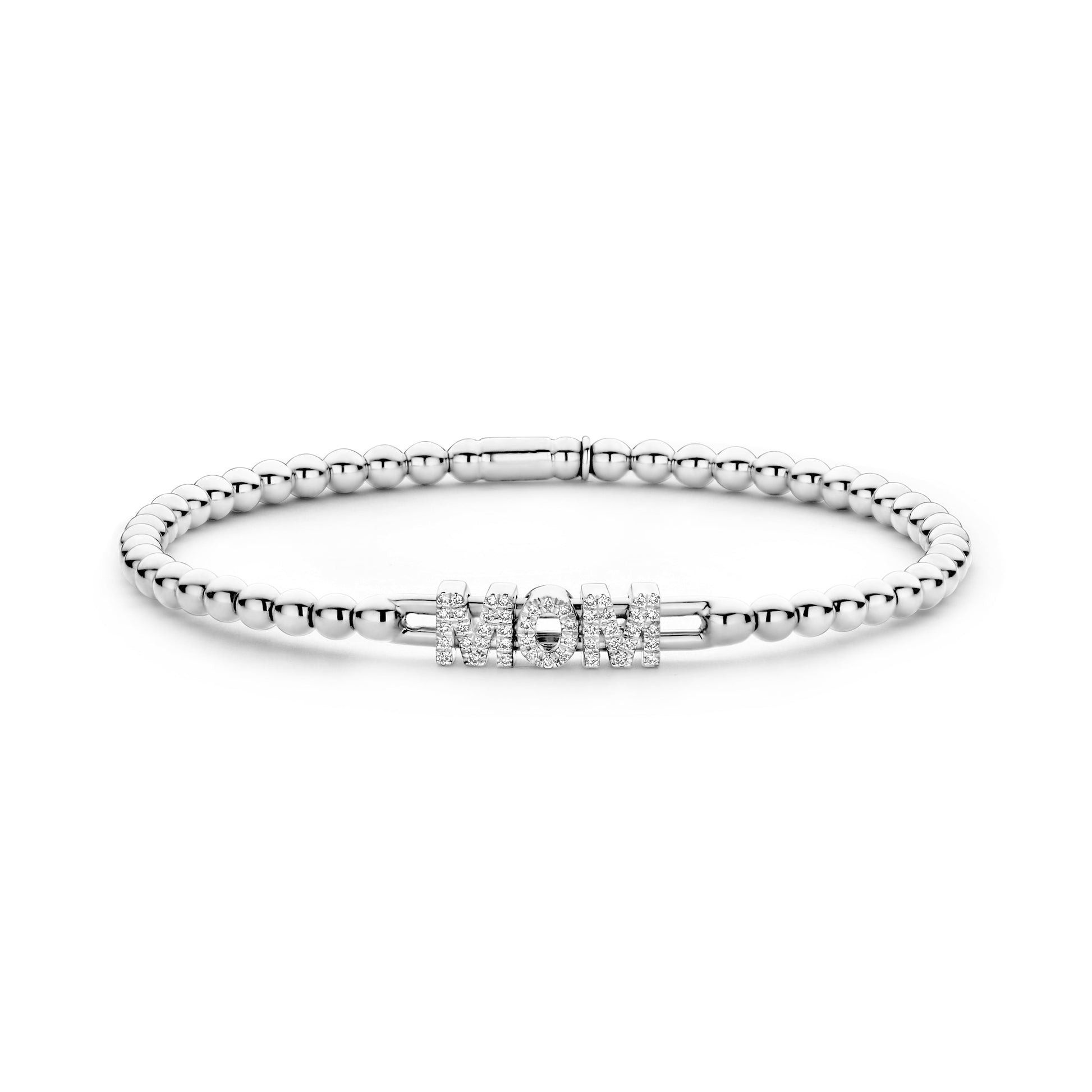 The Hulchi Belluni 18K White Gold Diamond Bracelet features silver beads, "MOM" spelled with sparkling stones, and a 0.15 CTW round brilliant diamond by Hulchi Belluni.
