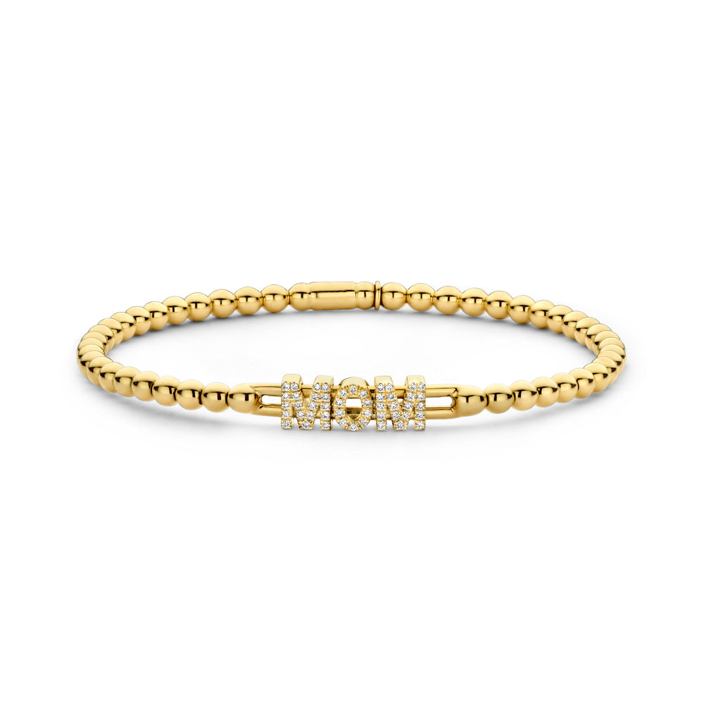The Hulchi Belluni 18K Yellow Diamond Bracelet features gold beads and sparkling "MOM" letters at the center, each encrusted with 0.15 CTW of round brilliant white gemstones.