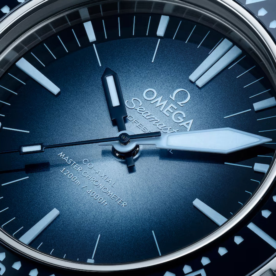 Close-up of the OMEGA Seamaster Ploprof 1200M Co-Axial Master Chronometer watch face, featuring the brand logo, model name, and water resistance details on a gradient blue dial with luminous hands/indices and "Swiss Made" at the bottom.