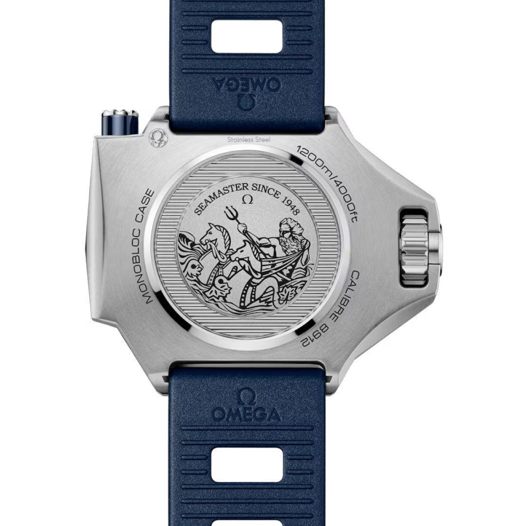 The back of the OMEGA Seamaster Ploprof 1200M Co-Axial Master Chronometer 55mm x 45mm features Poseidon with two seahorses, "SEAMASTER SINCE 1948" text, Swiss Made details on its O-MEGASTEEL case, and a blue strap.