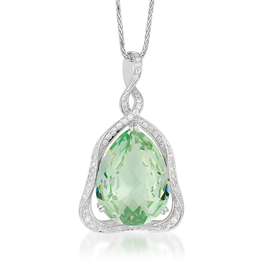 Introducing the Raffi&Co.® 14K White Gold Pear Quartz with Diamond Accent Necklace Pendant, which showcases a stunning pear-shaped light green gemstone set in an intricate 14K white gold design. This exquisite piece is complemented by diamond accents that enhance its elegant allure.