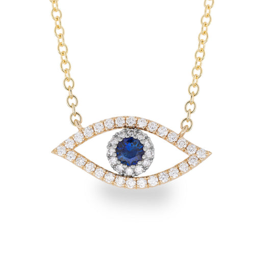 This sophisticated Raffi&Co® 14K Yellow Gold Sapphire with Diamond Evil Eye Necklace Pendant showcases an eye-shaped charm adorned with small diamonds, highlighted by a stunning dark blue sapphire at its center. The delicate chain beautifully complements the elegant design, part of the exclusive Evil Eye jewelry collection from Raffi&Co.