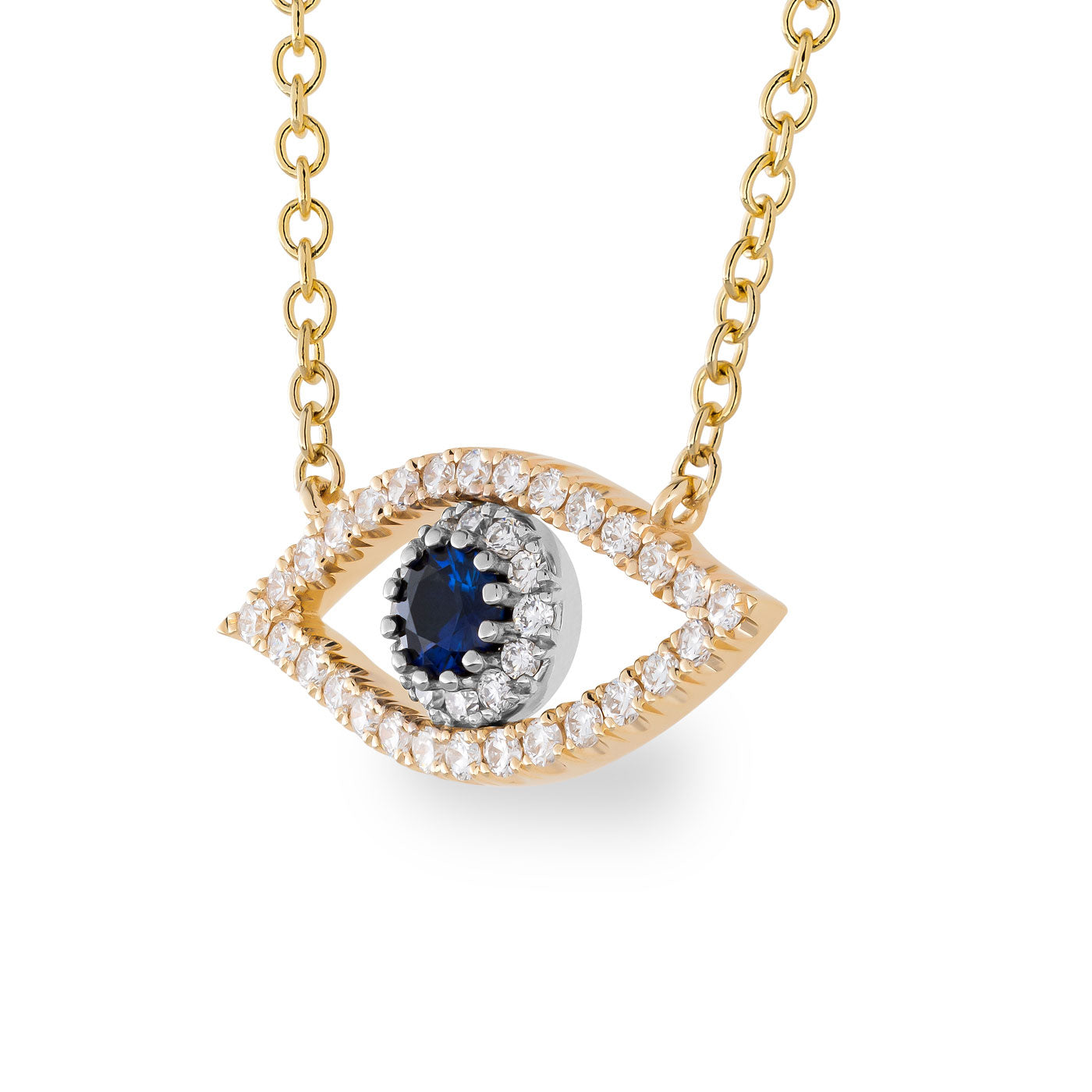 The Raffi&Co.® 14K Yellow Gold Sapphire with Diamond Evil Eye Necklace Pendant is a captivating piece that features an elegant evil eye design, highlighted by a central sapphire and surrounded by sparkling diamonds.