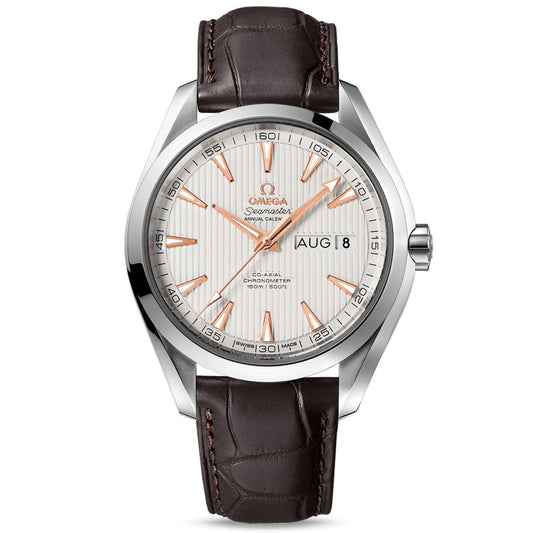 This exquisite OMEGA Seamaster Aqua Terra 150M Co-Axial Chronometer Annual Calendar 43mm watch features a sophisticated brown leather strap and a sleek silver dial. It is adorned with elegant rose gold hour markers and hands, along with day and date displays on the right. The refined silver bezel perfectly complements the prestigious "OMEGA Seamaster" branding.