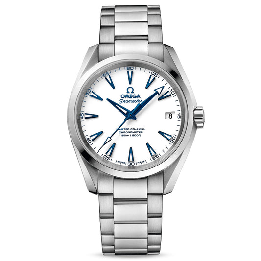 The OMEGA Seamaster Aqua Terra 150M Co-Axial Master Chronometer 38.5mm Watch has a stainless steel case and showcases a white dial with blue hour markers and hands, along with a date window positioned at 3 o'clock. It is powered by the Master Co-Axial calibre 8500 and features a metal bracelet with a brushed finish.
