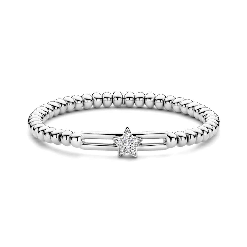 The Hulchi Belluni 18K White Gold Diamond Bracelet features a silver beaded design with a central star-shaped charm set with 0.16 CTW round brilliant diamonds.
