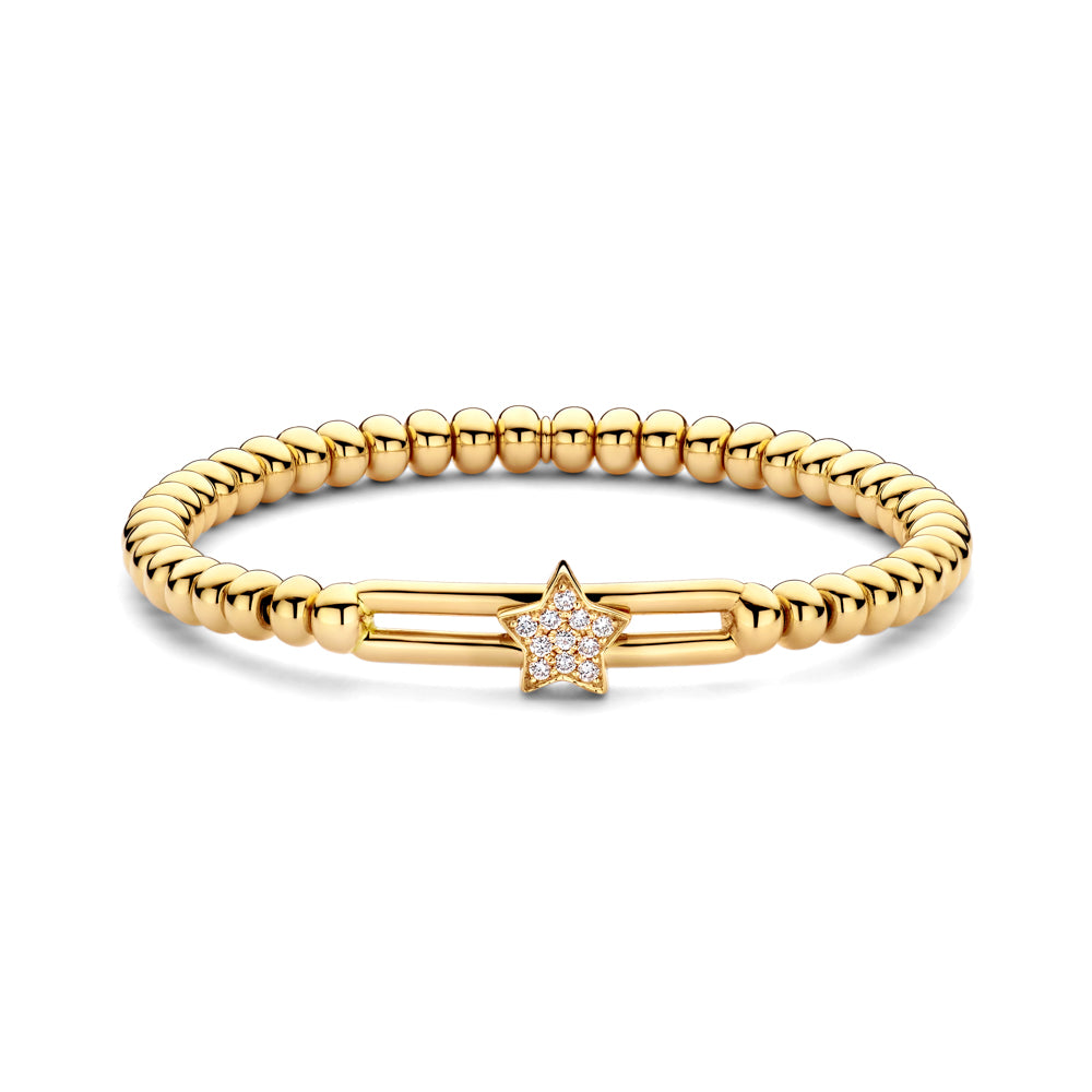The Hulchi Belluni 18K Yellow Gold Diamond Bracelet features delicate beading and a star-shaped charm adorned with 0.16 CTW round brilliant white stones at the center.