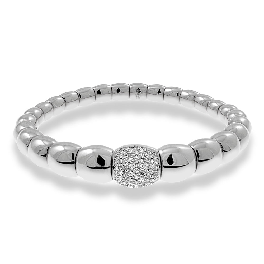 The Hulchi Belluni Tresore 18K White Gold Diamond Stretch Bracelet features a central round bead set with 0.51 CTW sparkling diamonds, shown against a white background.