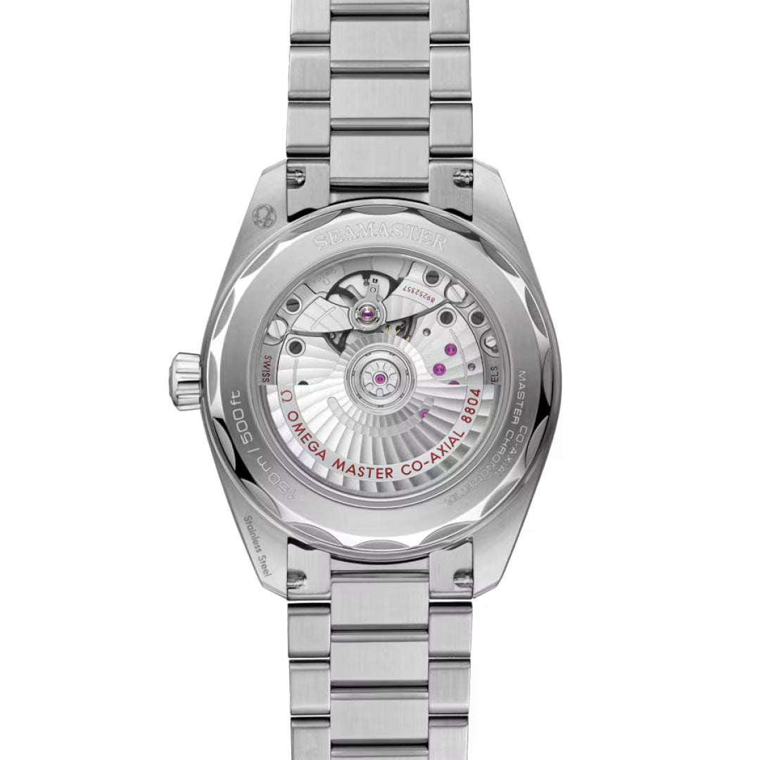 The image shows the back of an OMEGA Seamaster Railmaster Co-Axial Master Chronometer 38mm Watch with a stainless steel bracelet, revealing its mechanical movement through a transparent case back and featuring strong anti-magnetic properties.