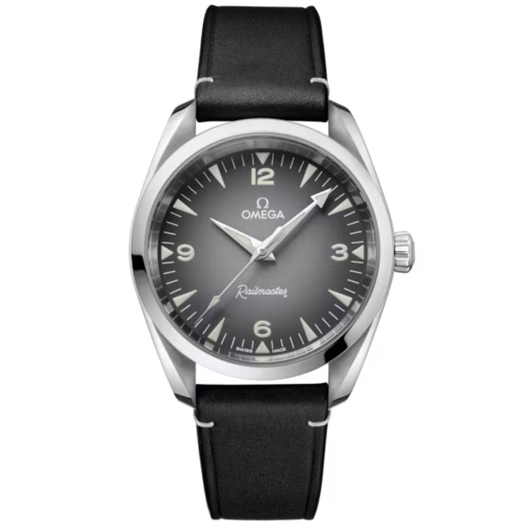 The OMEGA Seamaster Railmaster Co-Axial Master Chronometer 38mm features a black dial with white hour markers, silver hands, and the brand logo with "Railmaster" on the dial. It has a black leather strap and anti-magnetic design.