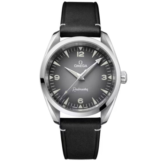 The OMEGA Seamaster Railmaster Co-Axial Master Chronometer 38mm features a black dial with white hour markers, silver hands, and the brand logo with "Railmaster" on the dial. It has a black leather strap and anti-magnetic design.