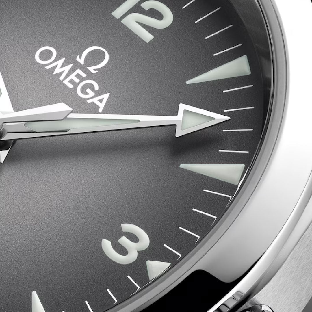 Close-up of an OMEGA Seamaster Railmaster Co-Axial Master Chronometer 38mm watch face with brand logo, luminous hands, hour markers, stainless steel bezel, dark gray dial, and time set to about 1:46.