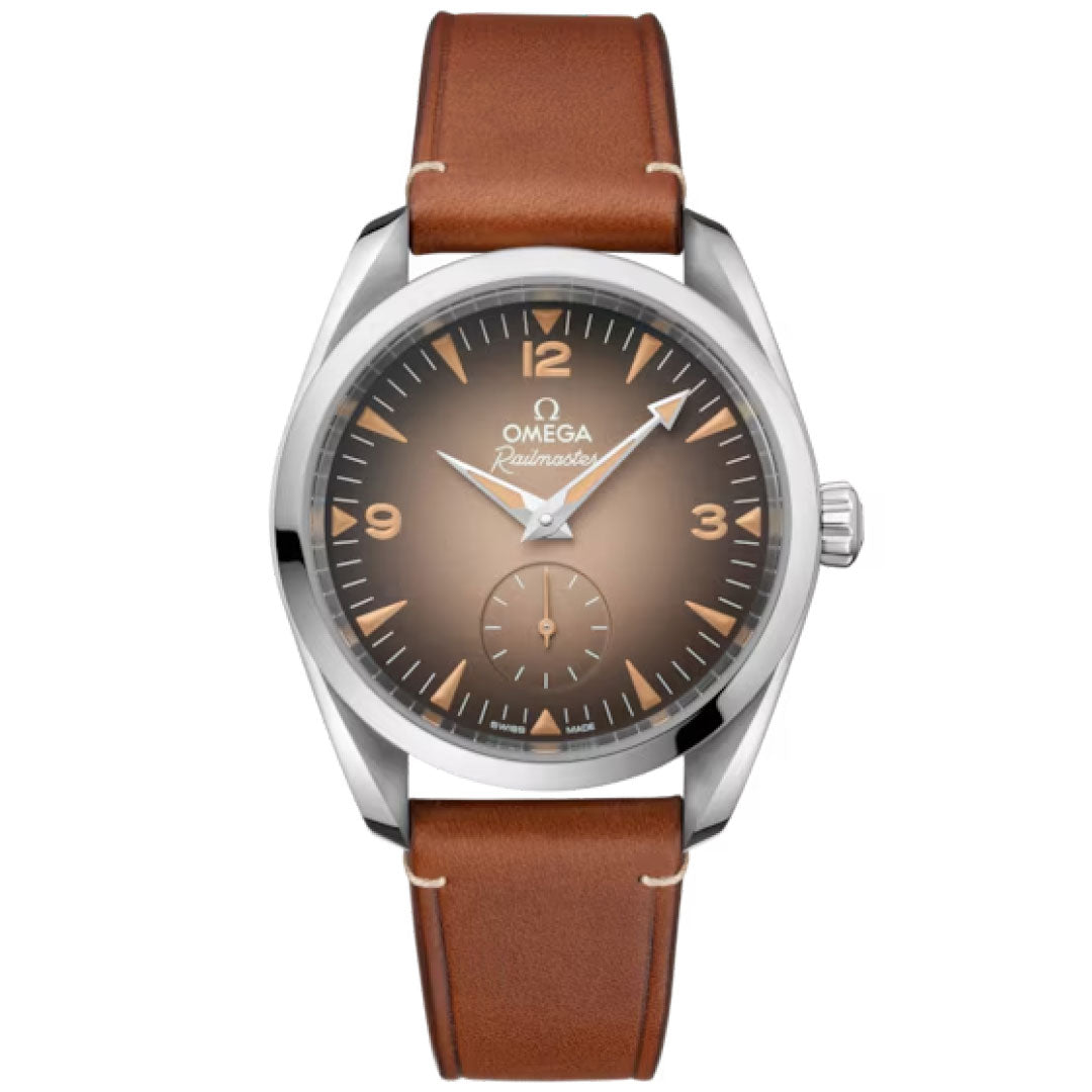 The OMEGA Seamaster Railmaster Co-Axial Master Chronometer 38mm features a brown leather strap, stainless steel case, gradient brown dial with Arabic numerals, and "OMEGA Railmaster" branding—anti-magnetic for modern style.