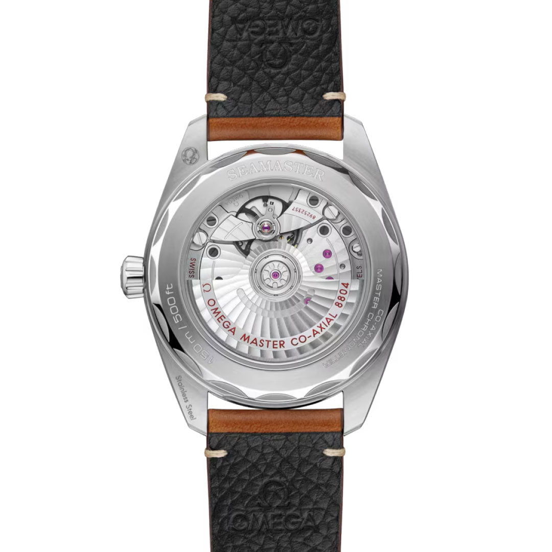 The back view of the OMEGA Seamaster Railmaster Co-Axial Master Chronometer 38mm Watch displays a transparent case back revealing its movement, paired with a black and brown leather strap.