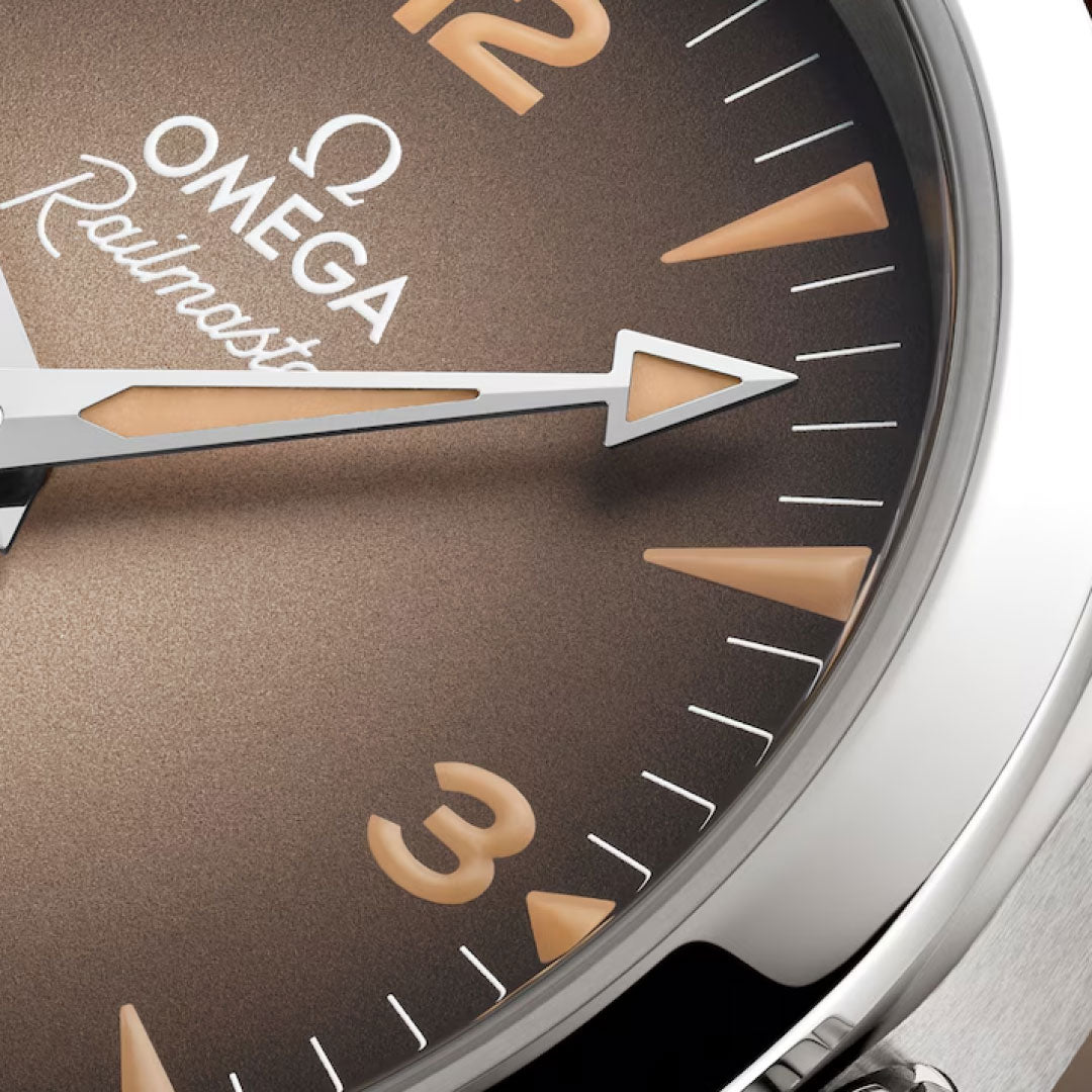 Close-up of the OMEGA Seamaster Railmaster Co-Axial Master Chronometer 38mm watch, showing its brown gradient dial, beige triangular hour markers, silver hands, and partial view of the 2, 3, and 4 numerals.